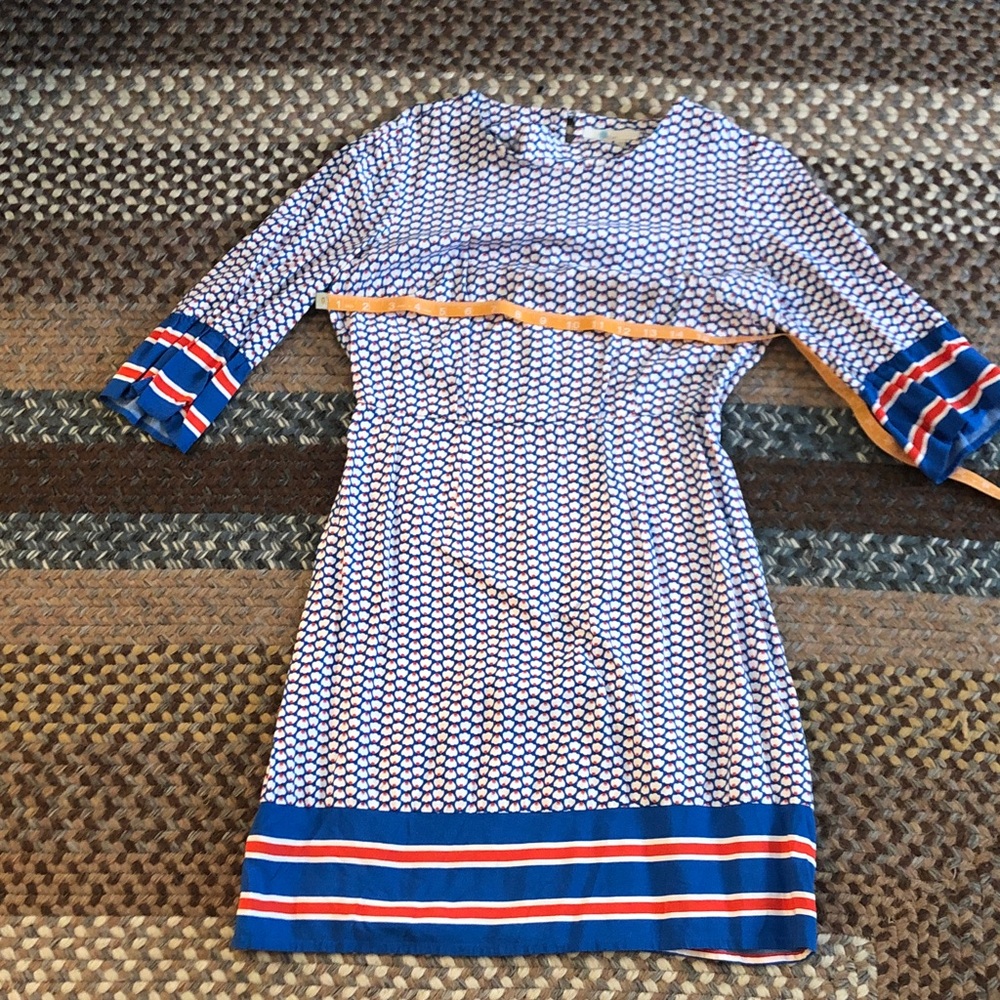 Boden Blue and White Floral-Style Dress with Red Dot Details